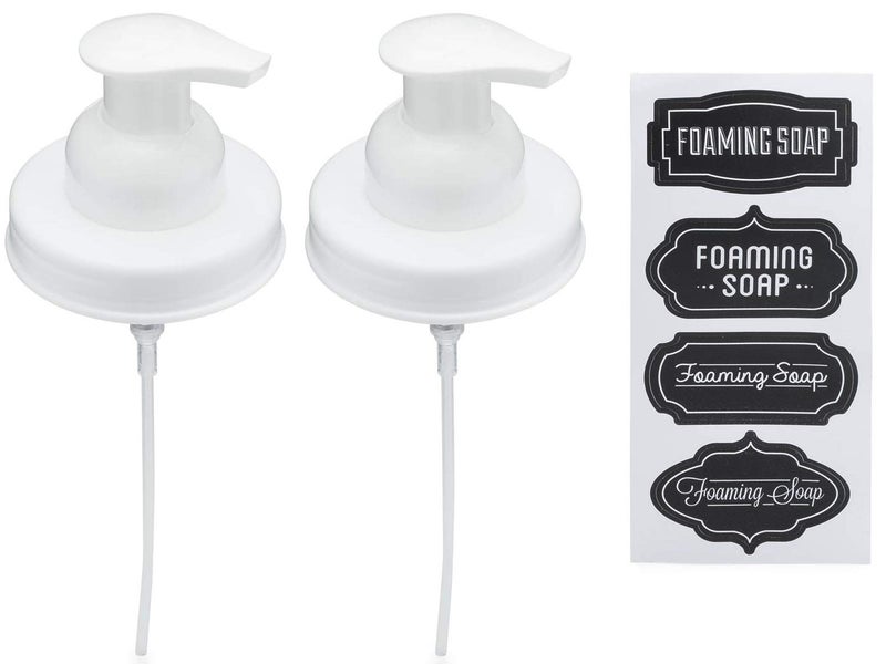 Jarmazing Products Mason Jar Foaming Soap Dispenser Lids  Includes Waterproof Stickers  White  2 Pack