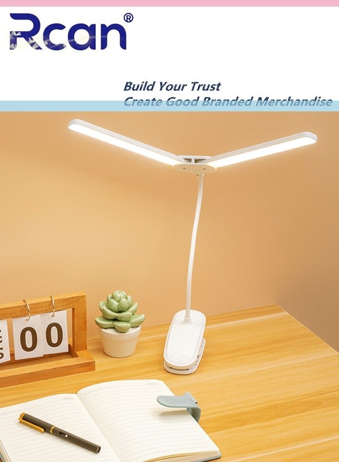 Rcan 2-In-1 LED Desk Lamp Desktop Eye Caring Lamp Adjustable 3 Color Temperatures Stepless Dimmable Double Head Desk Lamps USB Powered Bedside Clip Table Lamp Reading Study Lamp for Kids Home Office - Image 1
