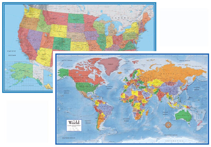 Swiftmaps 24x36 World and USA Classic Premier 3D Two Wall Map Set (Laminated) - Image 1