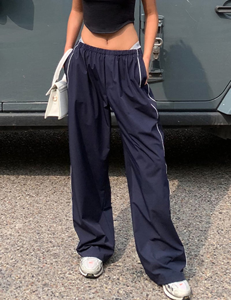 Himosyber Women's Parachute Pants Baggy Elasitc Waist Relaxed Y2K Track Pant Trousers (Navy-M) - Image 4