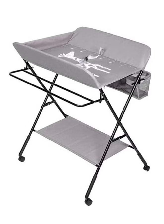 XiuWoo Mobile Nursery Changing Station Gray Foldable Baby Changing Table Dresser with Wheels Portable Table with Safety Harness, Hanging Rack, and Easy-Clean Storage Basket for Home or Daycare  - Image 1