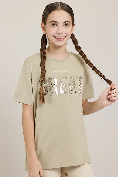 أر أند بي Sequined T-Shirt with Crew Neck and Short Sleeves