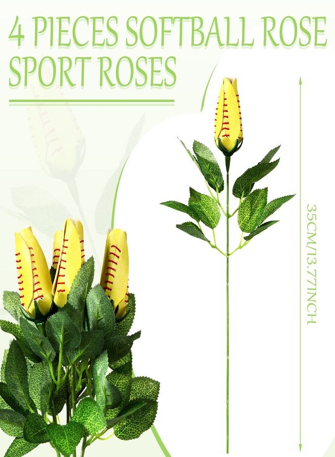 Cindeer Softball Rose Sport Roses Softball Senior Gifts Bouquet Decorations Yellow Artificial Flowers (4 Pcs) - Image 2