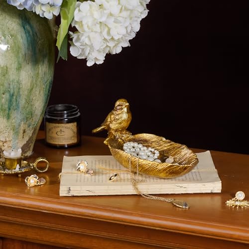 SOFFEE DESIGN Resin Jewelry Tray, Gold Leaf-shaped with Standing Bird, Ring Dish, Decorative Organizer for Entrance Vanity Dresser Bathroom, Bridal Gift Idea - Image 2