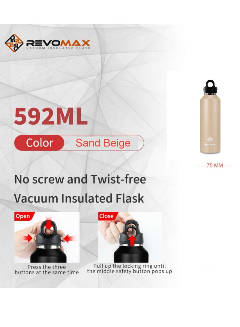 RevoMax Revomax vacuum Insulated Flask with Twist Free CAP, open & close with one hand in one second Sand Beige. 20oz/ 592ml - Image 2