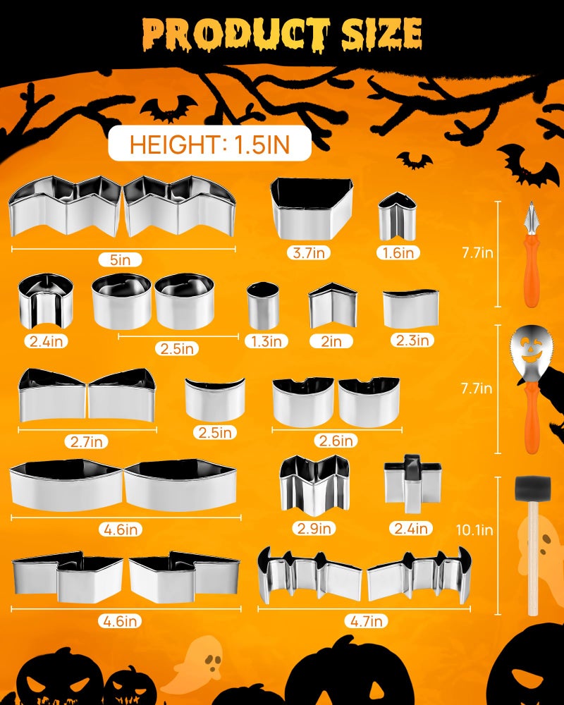 JUSTOTRY Pumpkin Carving Kit - Halloween Pumpkin Face Shape Cookie Cutters Tools Set Easy & Safe Adults Kids DIY, Stainless Steel 23 Molds with 3 Tools for Decoration Decorating Stencils Metal - Image 4