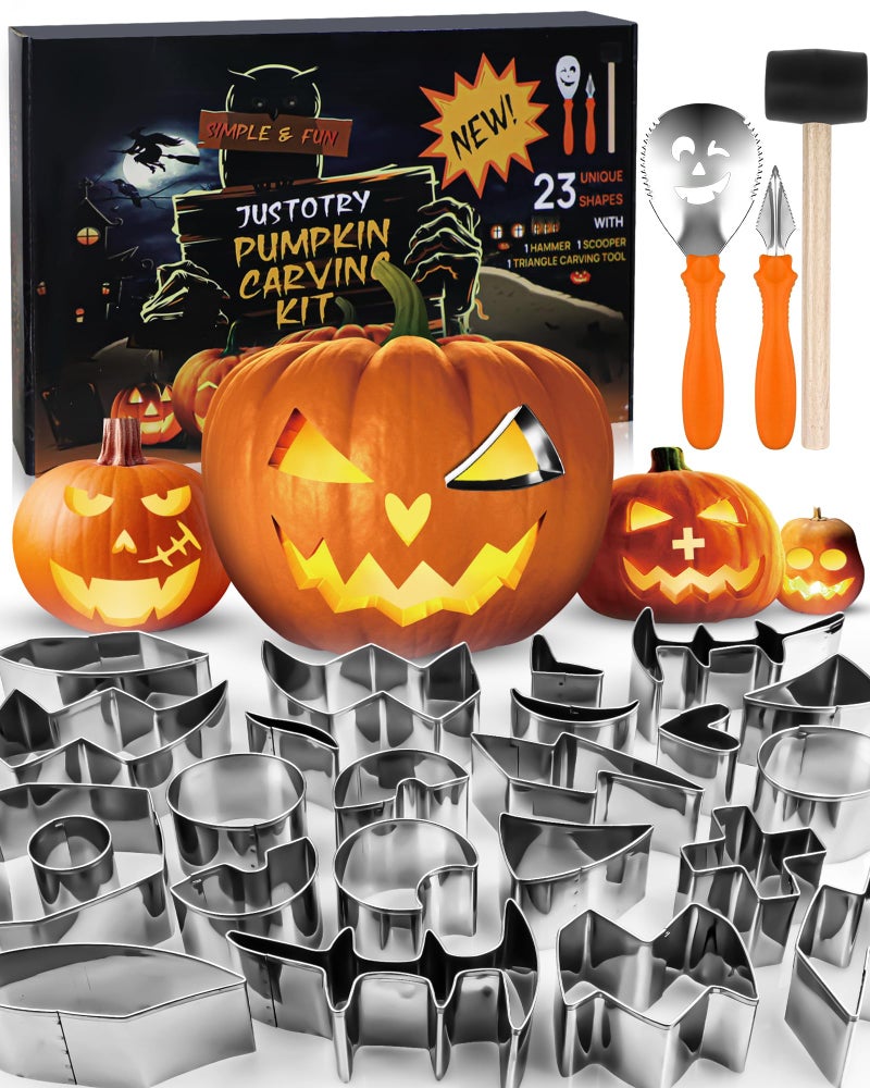 JUSTOTRY Pumpkin Carving Kit - Halloween Pumpkin Face Shape Cookie Cutters Tools Set Easy & Safe Adults Kids DIY, Stainless Steel 23 Molds with 3 Tools for Decoration Decorating Stencils Metal - Image 1