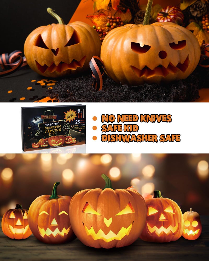 JUSTOTRY Pumpkin Carving Kit - Halloween Pumpkin Face Shape Cookie Cutters Tools Set Easy & Safe Adults Kids DIY, Stainless Steel 23 Molds with 3 Tools for Decoration Decorating Stencils Metal - Image 5