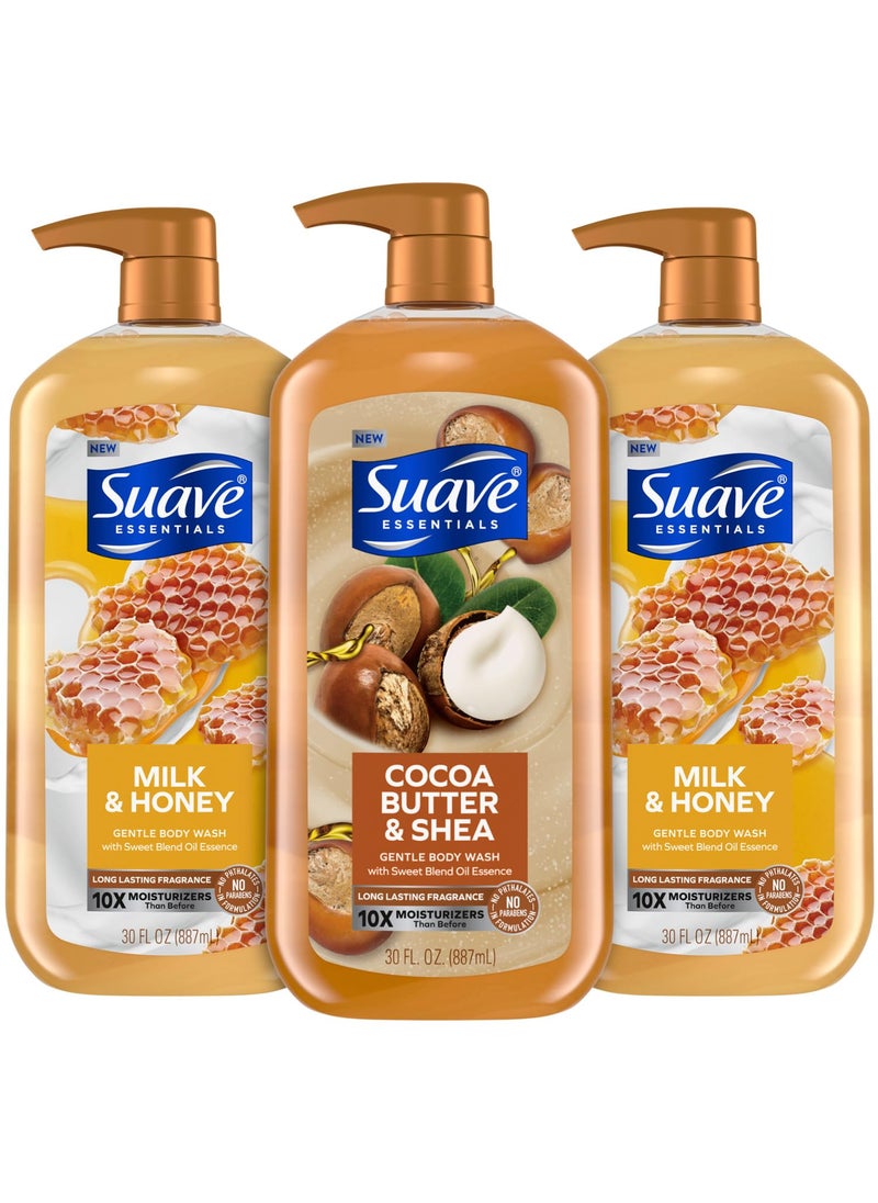 Suave Suave Body Wash Variety Bundle  Milk  Honey 2Pack  Cocoa Butter Shea Gentle  Moisturizing Body Washes with Vitamin E 30 Oz Ea 3 Piece Set 