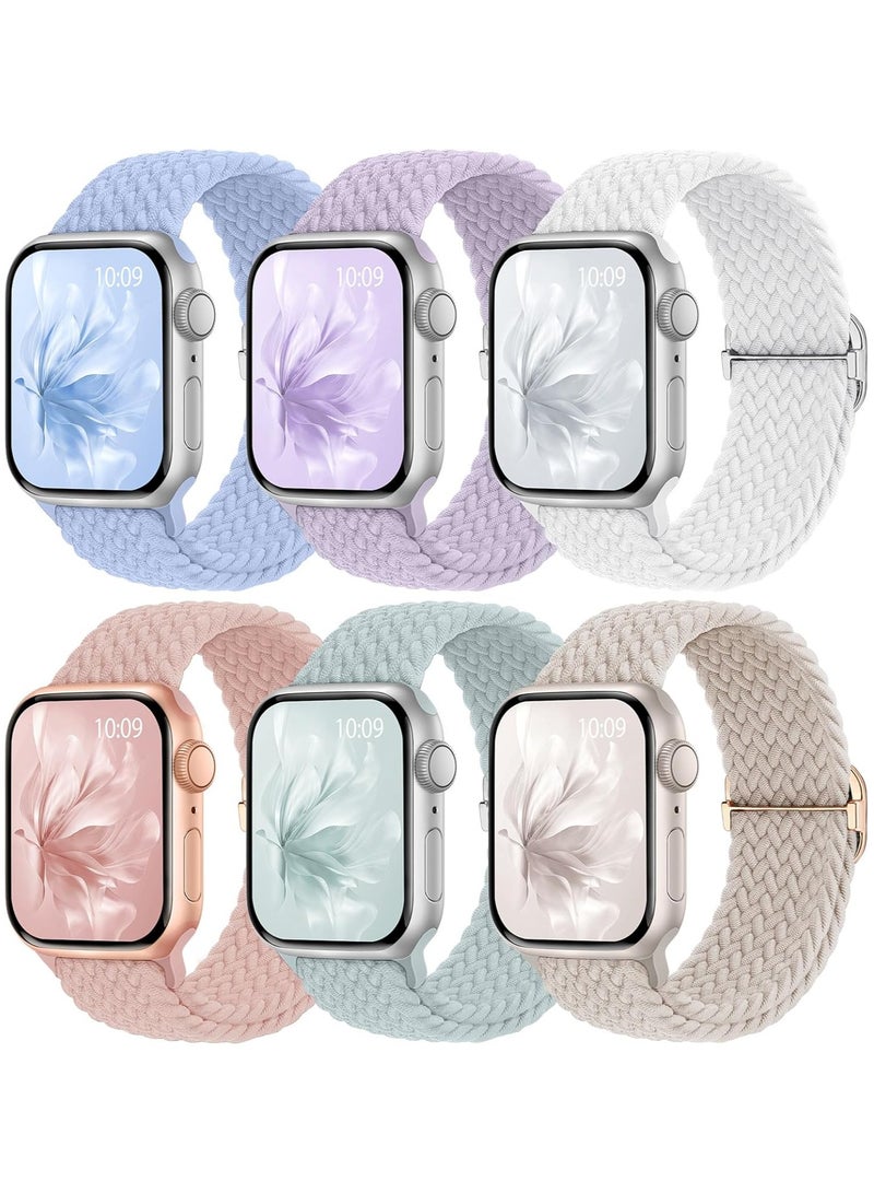 6 Pack Braided Stretchy Bands Compatible with Apple Watch Band 38mm 40mm 41mm 42mm Women Men, Adjustable Nylon Solo Loop Elastic Straps for iWatch Series 10 9 8 7 6 5 4 3 SE Ultra - Image 1