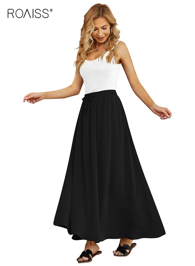 roaiss Women's Flowy Maxi Skirt Summer Pleated High Waisted Casual Long Skirts with Pockets Printed All-Match Vacation Dress for Women  - Image 1