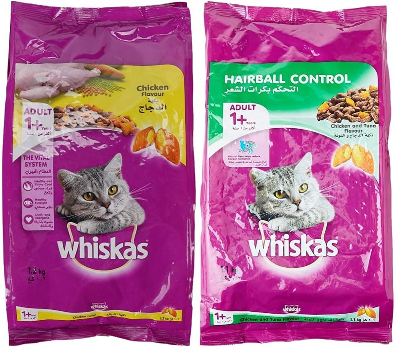 ويسكاس Whiskas دجاج، طعام جاف للبالغين، 1+ سنوات، 1.2 كجم & التحكم في كرات الشعر بالدجاج والتونة، طعام جاف للبالغين، 1+ سنوات، 1.1 كجم - Image 1