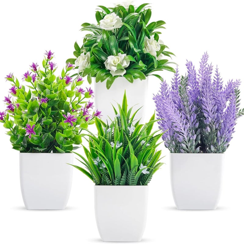 UNIFACE نباتات اصطناعية، 4 عبوات من النباتات الصغيرة المزيفة، نباتات عصارية مزيفة في أواني، نباتات مزيفة صغيرة في أواني، نباتات خضراء اصطناعية في أواني مع زهور لديكور المكتب والحمام والمنزل وديكور الطاولة - Image 1