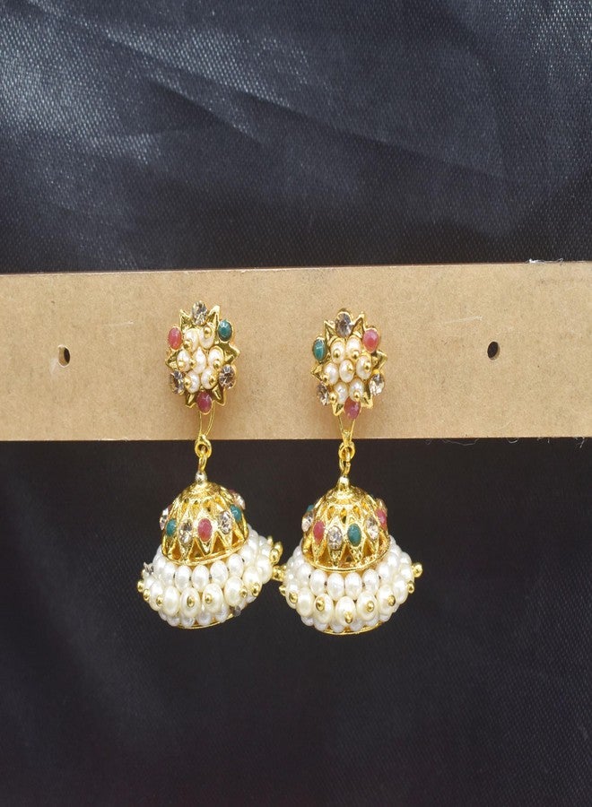 GVG PLATING WORKS Multy color stone and pearls Jhumki for Bharathanatyam and kuchipudi dance (12-Stone-Multy) - Image 4