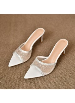 2024 New Womens Elegant High Heel Mesh Sandals With Water Diamonds One-Row Dragging Style Summer Outerwear Thin Heel White