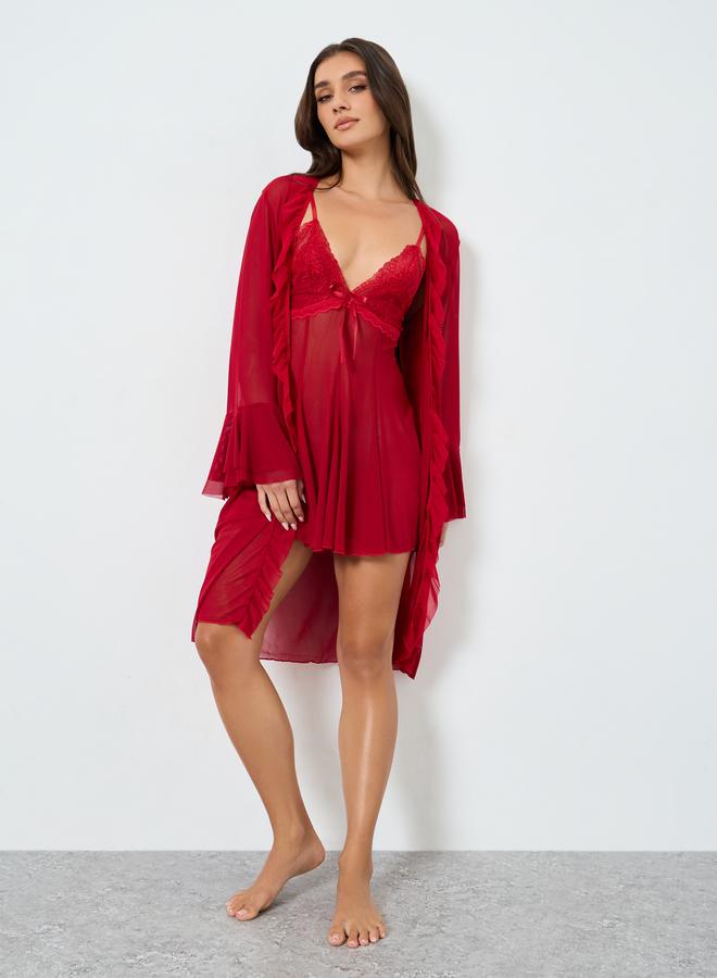 Take Two Red Mesh Flare Sleeve Robe with Bow Detail Cami Dress Set - Image 3