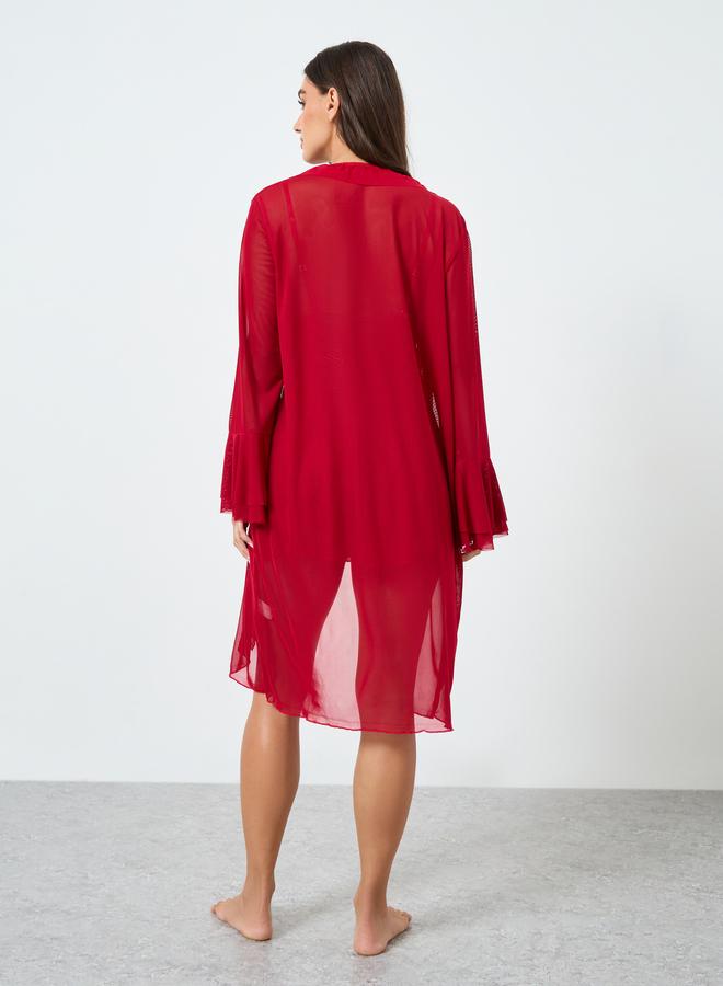 Take Two Red Mesh Flare Sleeve Robe with Bow Detail Cami Dress Set - Image 5