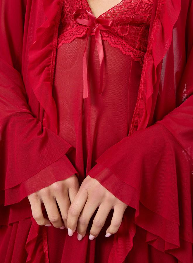 Take Two Red Mesh Flare Sleeve Robe with Bow Detail Cami Dress Set - Image 4