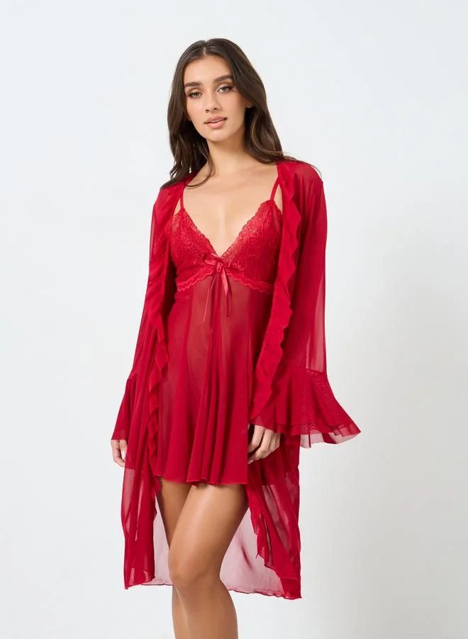 تايك تو طقم روب بأكمام جرس شبكية وفستان كامي بتفاصيل فيونكة