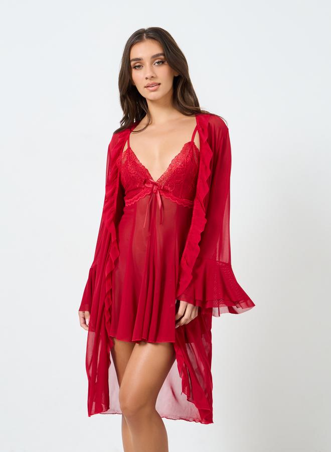 Take Two Red Mesh Flare Sleeve Robe with Bow Detail Cami Dress Set - Image 2