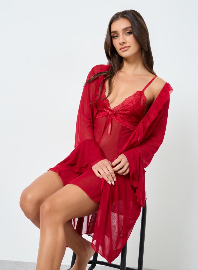 Take Two Red Mesh Flare Sleeve Robe with Bow Detail Cami Dress Set - Image 1