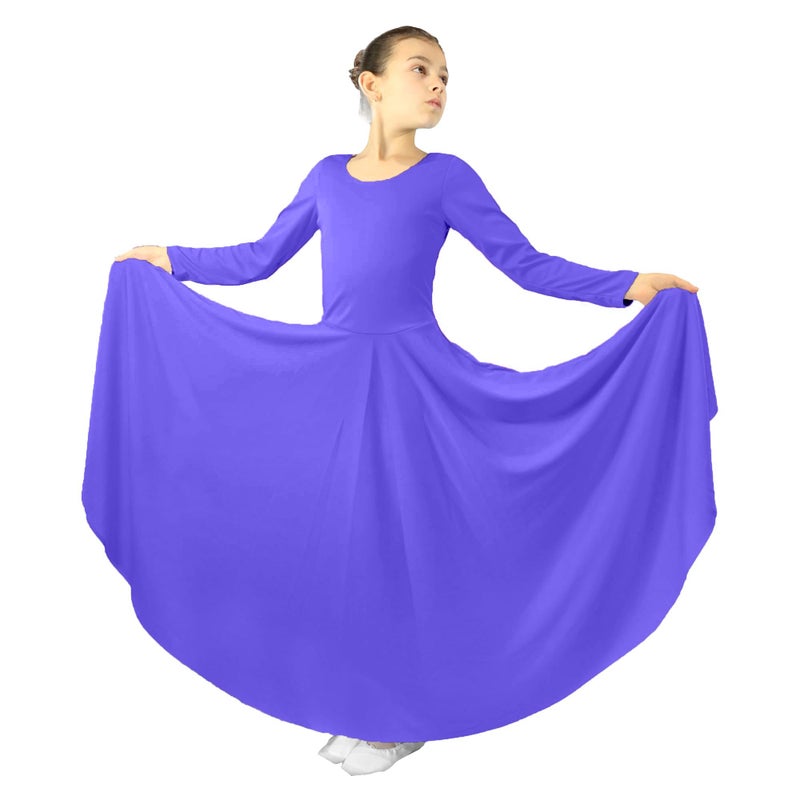 Danzcue Girls Praise Loose Fit Full Length Long Sleeve Dance Dress, Deep Purple, 6X-7 - Image 3