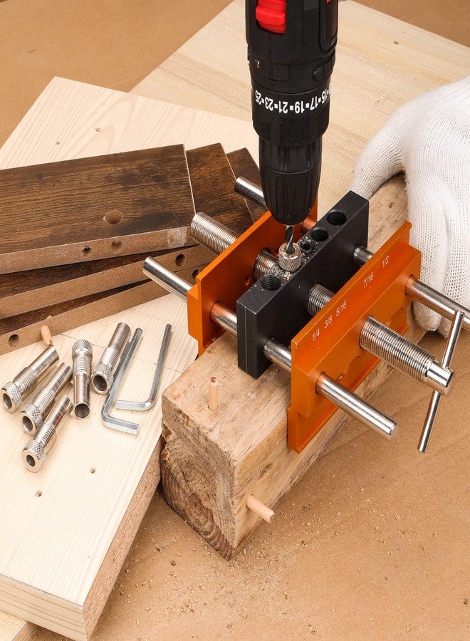 SLIIMU Self Centering Dowel Jig Kit for Max 6.8'' Thick Timber, Inch Woodworking Center Doweling Drill Guide Jig for Straight Hole, Portable Drill Block for Wood Dowel Hole with 6 Drill Sleeve - Image 2