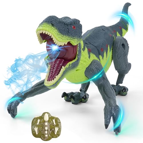 BEMITON Remote Control Dinosaur Toys for Kids Birthday Gift for Boys Ages 35 57 812 RC Walking with Roaring Lights and Spray 24Ghz Electronic Interactive Dinosaur Toy Gray Green - Image 1