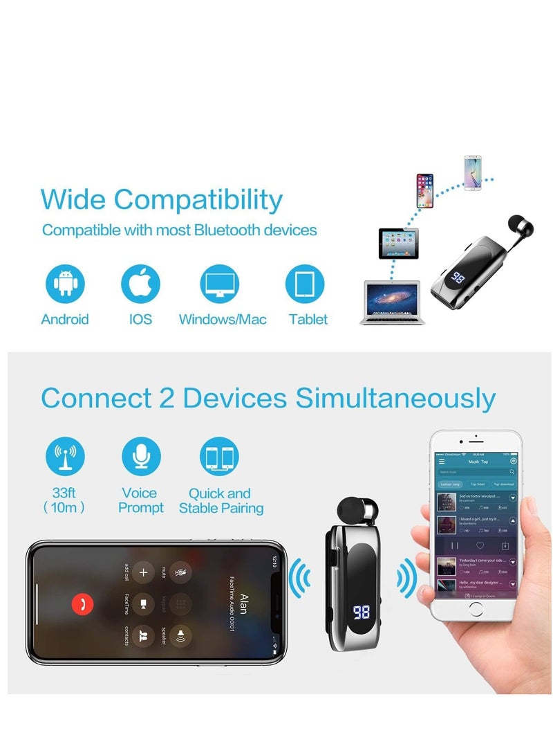 Excefore Retractable Bluetooth Headphones Collar Clip Bluetooth Headsets Wireless Earphone Display Quick Charger Handsfree Earbuds v5.2 with Microphone for Cell Phone  - Image 5