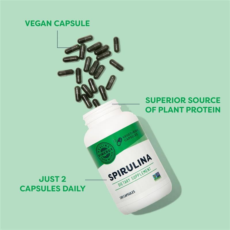 Vimergy Spirulina Capsules - Concentrated Plant Protein Supports Immune Health & Cardiovascular Function - Vegan, Kosher, Gluten-Free - 180 Capsules - Image 3