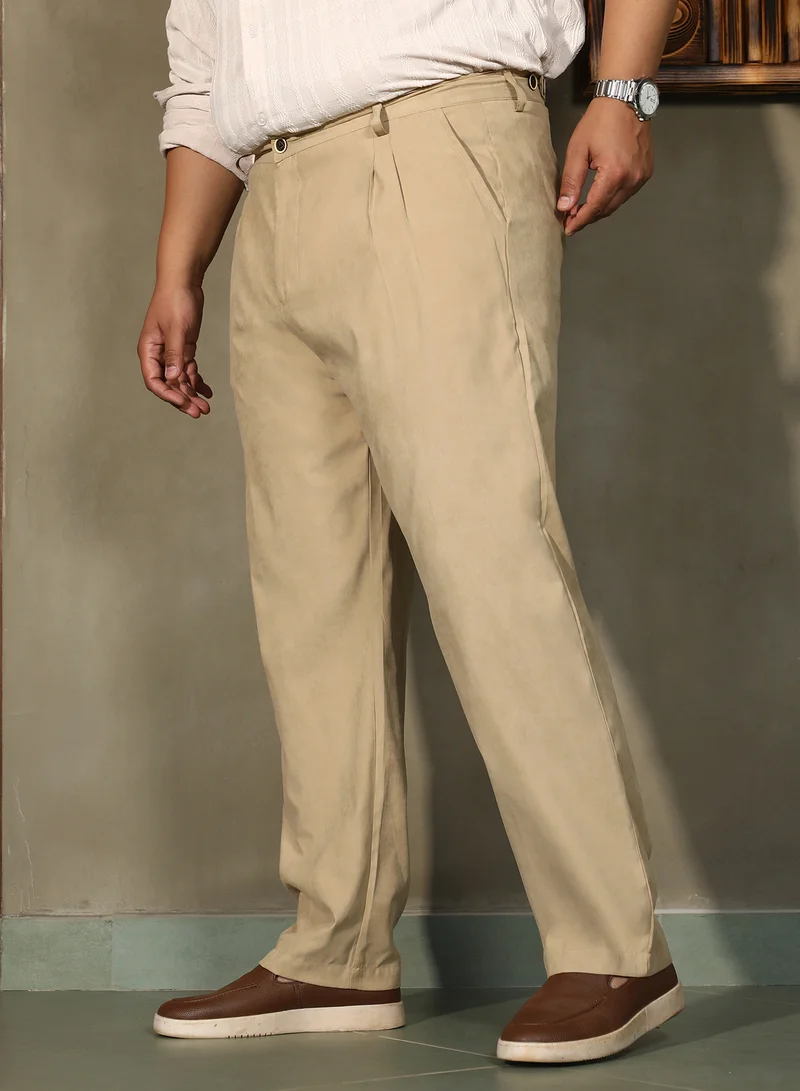 Instafab Plus  Instafab Plus Men's Khaki Beige Pleated Tailored Trousers For Casual Wear | Mid-Rise | Straight Fit | Button Closure | Plus Size Trousers Crafted With Comfort Fit For Everyday Wear for Men | Best Price UAE