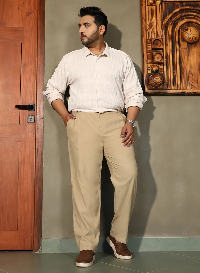 Instafab Plus  Instafab Plus Men's Khaki Beige Pleated Tailored Trousers For Casual Wear | Mid-Rise | Straight Fit | Button Closure | Plus Size Trousers Crafted With Comfort Fit For Everyday Wear for Men | Best Price UAE