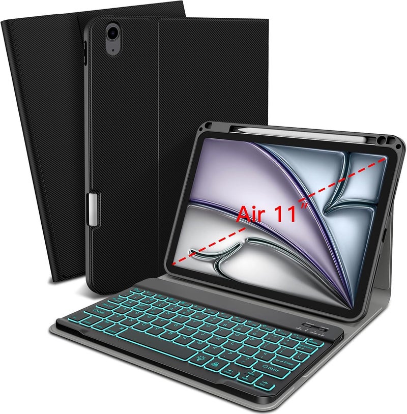 XIWMIX حافظة لوحة مفاتيح لـ iPad Air مقاس 11 بوصة M3 2025/M2 2024، iPad Air الجيل الخامس/الرابع (2022/2020 10.9 بوصة)، لوحة مفاتيح قابلة للفصل مغناطيسية مع إضاءة خلفية بـ 7 ألوان وبلوتوث، غطاء ذكي نحيف مع حامل قلم، أسود - Image 1