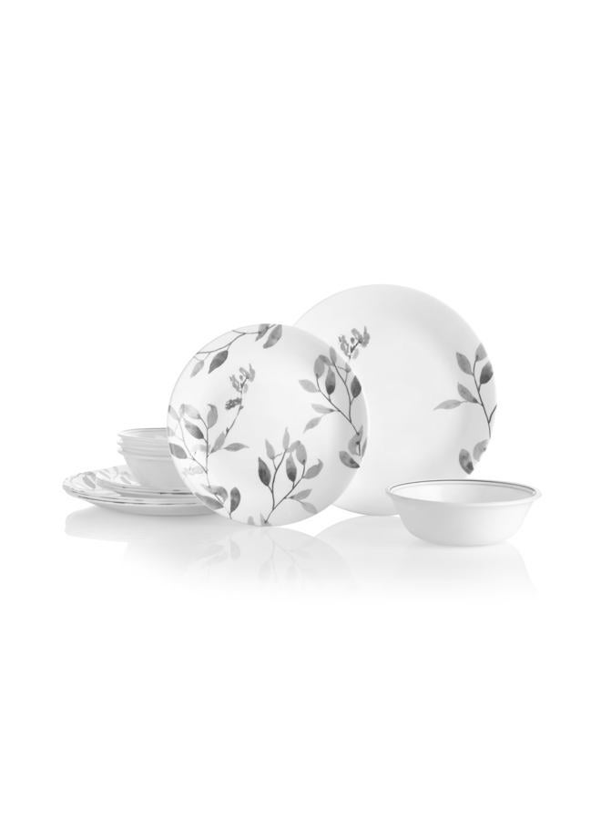 Corelle 12-Piece Vitrelle Misty Leaves Chip and Break Resistant Dinner Set, Grey/White, Glass, White, 29.5 x 14.5 29 cm 1126026 - Image 1