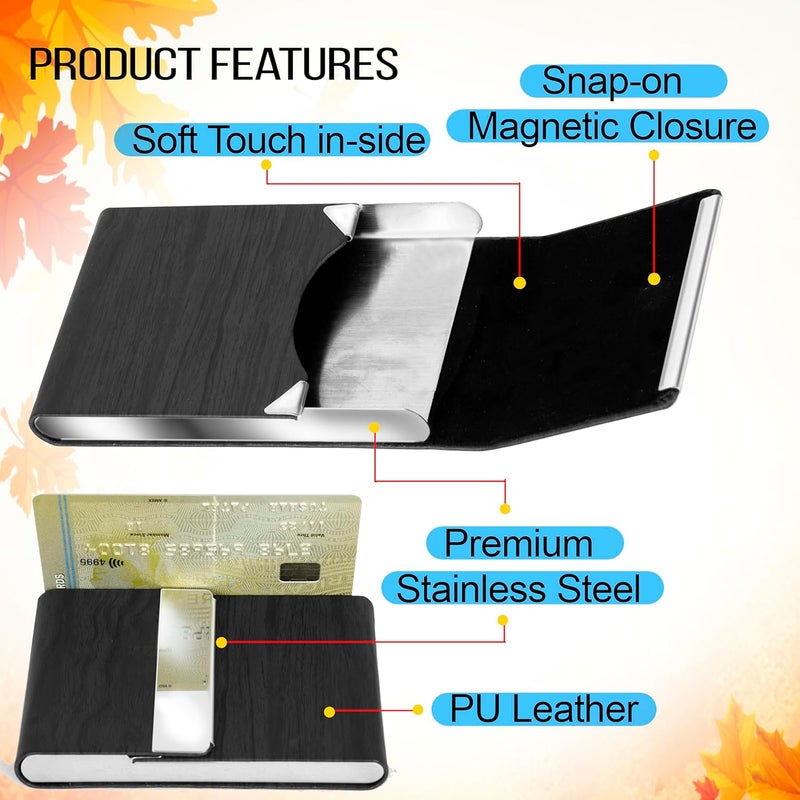 Storite Wooden Texture Vertical PU Leather & Stainless Steel Business Card Holder | Credit/Debit Card Wallet for Men & Women – Black (9x1x6 cm) - Image 3