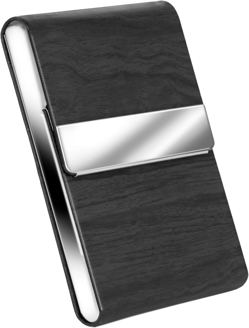 Storite Wooden Texture Vertical PU Leather & Stainless Steel Business Card Holder | Credit/Debit Card Wallet for Men & Women – Black (9x1x6 cm) - Image 1