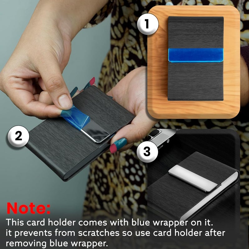 Storite Wooden Texture Vertical PU Leather & Stainless Steel Business Card Holder | Credit/Debit Card Wallet for Men & Women – Black (9x1x6 cm) - Image 4