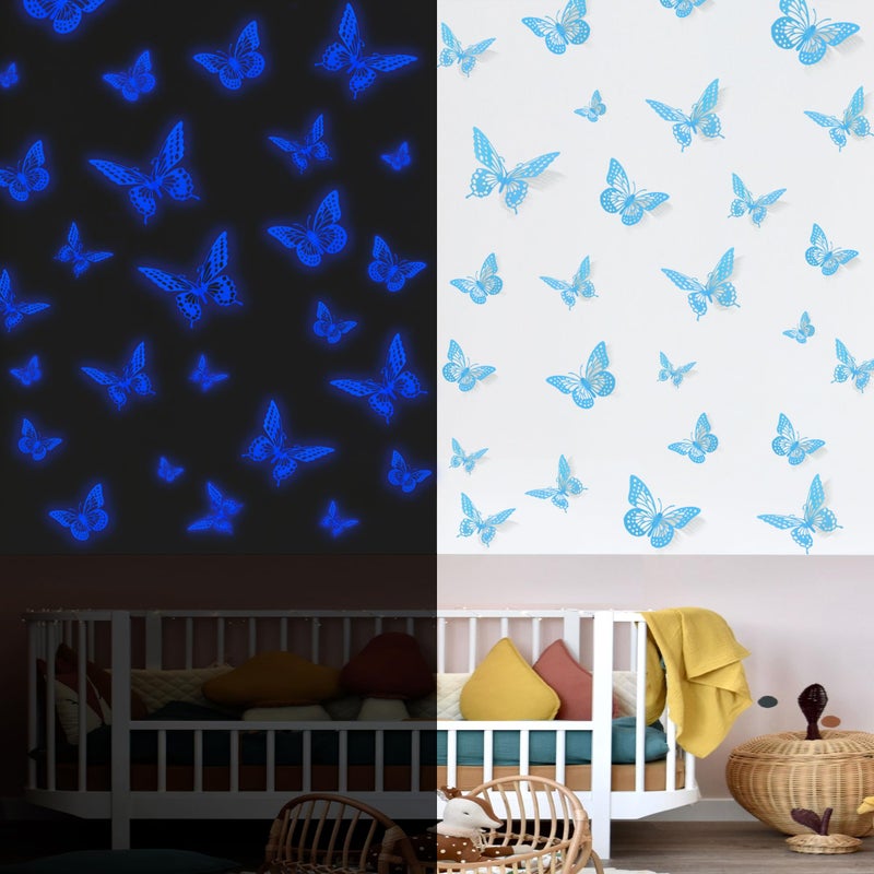 SAOROPEB Glow in The Dark 3D Butterfly 24 Pcs 3 Sizes, Luminous Butterfly Stickers for Ceiling or Wall, Glow in The Dark Party Supplies, Removable Luminous Stickers for Kids Babys Nursery (Blue) - Image 1