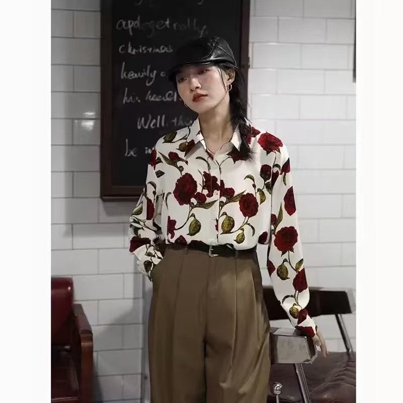 Artistic performance floral shirt women's retro Hong Kong style 8090s travel team building Hong Kong style long-sleeved loose top trendy - Image 3