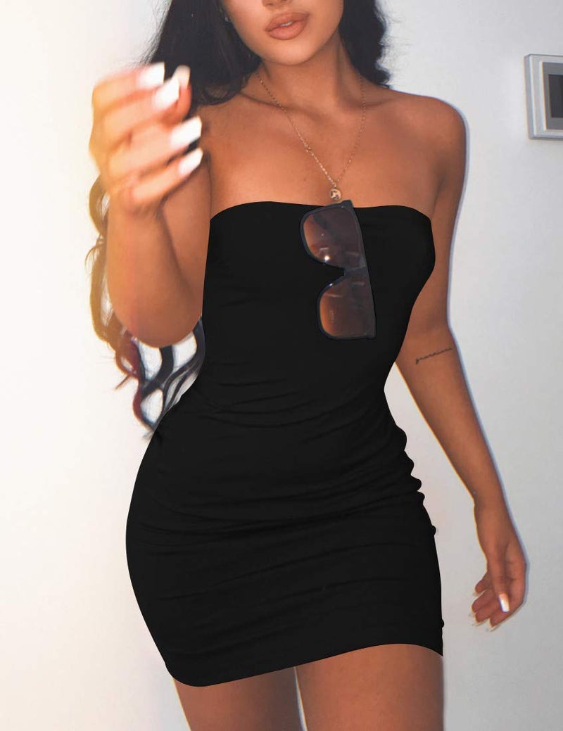 Mokoru Women's Casual Basic Bodycon Tube Top Sexy Strapless Club Party Mini Dress, Large, Black - Image 3