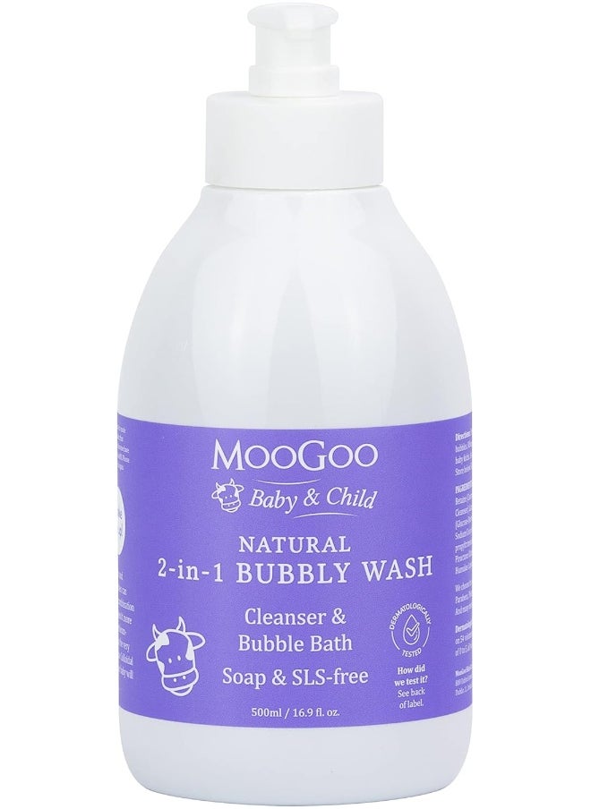MOOGOO MooGoo 2-in-1 Bubbly Wash - Natural Baby Cleanser & Bubble Bath, Baby Body Wash & Shampoo, Soap, SLS, Fragrance-Free, Dermatologically Tested, Gentle for Sensitive Skin, 500ml/16.9 fl.oz.  - Image 1