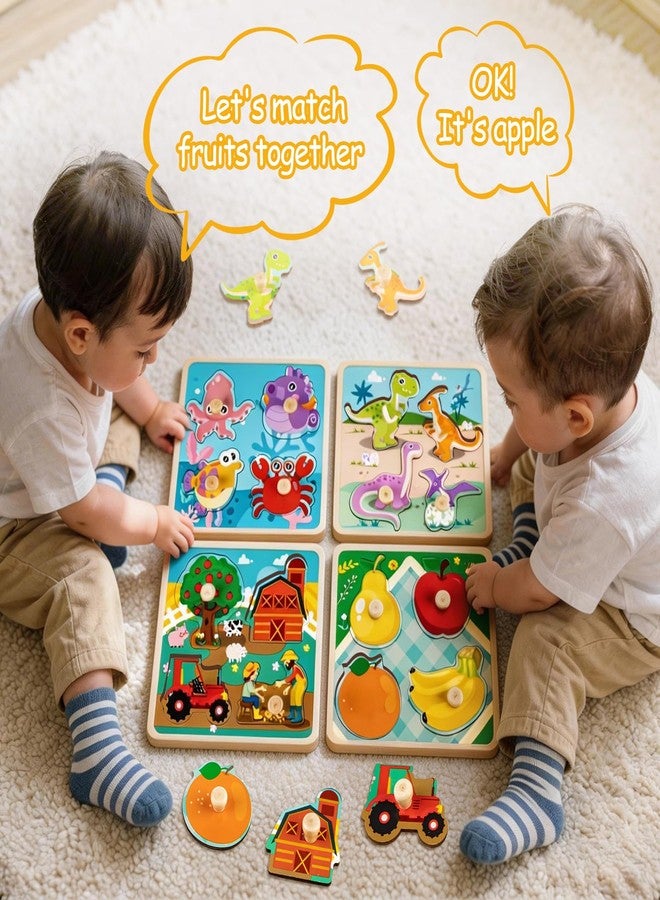 Funsland Wooden Toddler Puzzles - 4 Pcs Eco-Friendly Animal Patterns Jigsaw With Handles - Infant Kid Fine Motor Skill Learning Educational Montessori Toys for 1-3 Years Old - Image 4