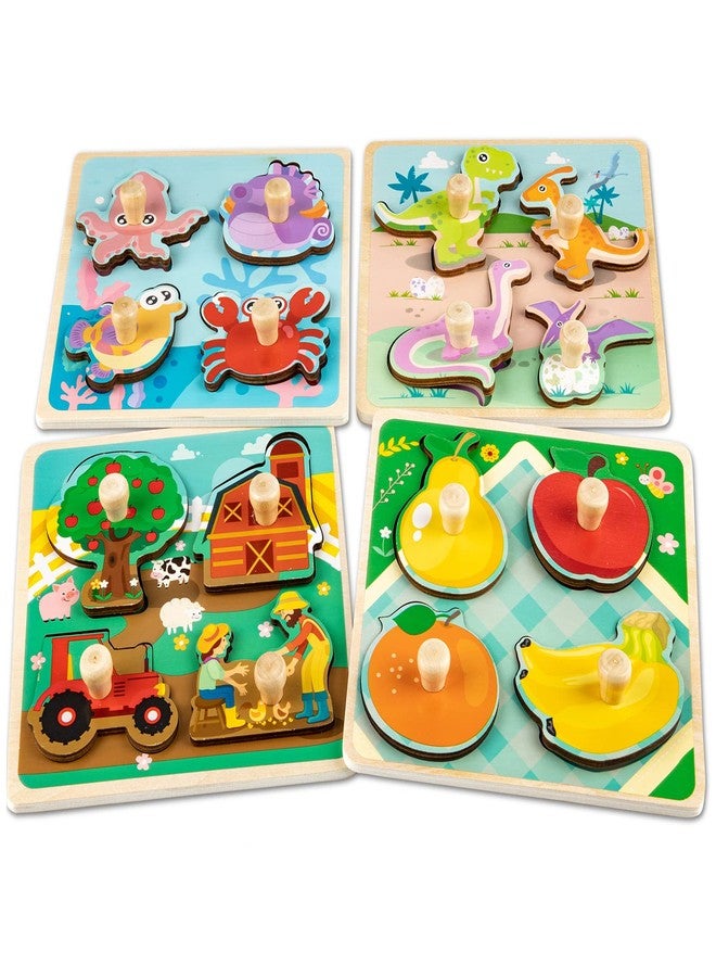 Funsland Wooden Toddler Puzzles - 4 Pcs Eco-Friendly Animal Patterns Jigsaw With Handles - Infant Kid Fine Motor Skill Learning Educational Montessori Toys for 1-3 Years Old - Image 1