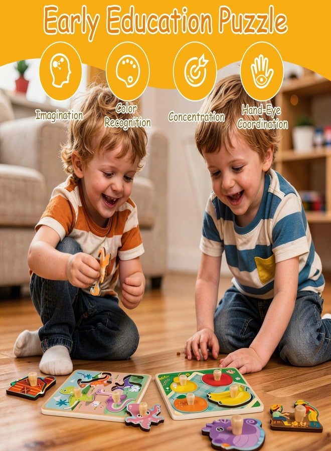 Funsland Wooden Toddler Puzzles - 4 Pcs Eco-Friendly Animal Patterns Jigsaw With Handles - Infant Kid Fine Motor Skill Learning Educational Montessori Toys for 1-3 Years Old - Image 3