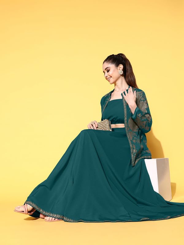 Ahalyaa Shoulder Strap Neck Top With Skirt Co-Ords Comes With Jacket - Image 3