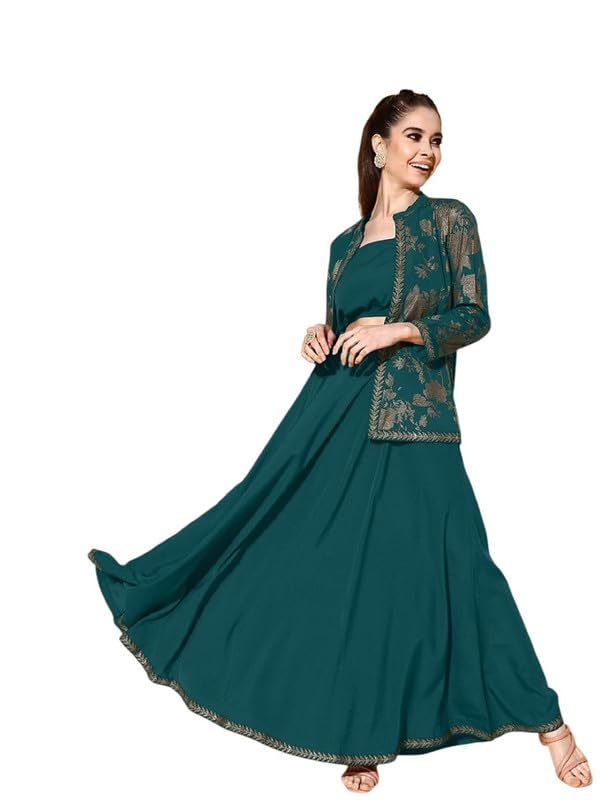 Ahalyaa Shoulder Strap Neck Top With Skirt Co-Ords Comes With Jacket - Image 1