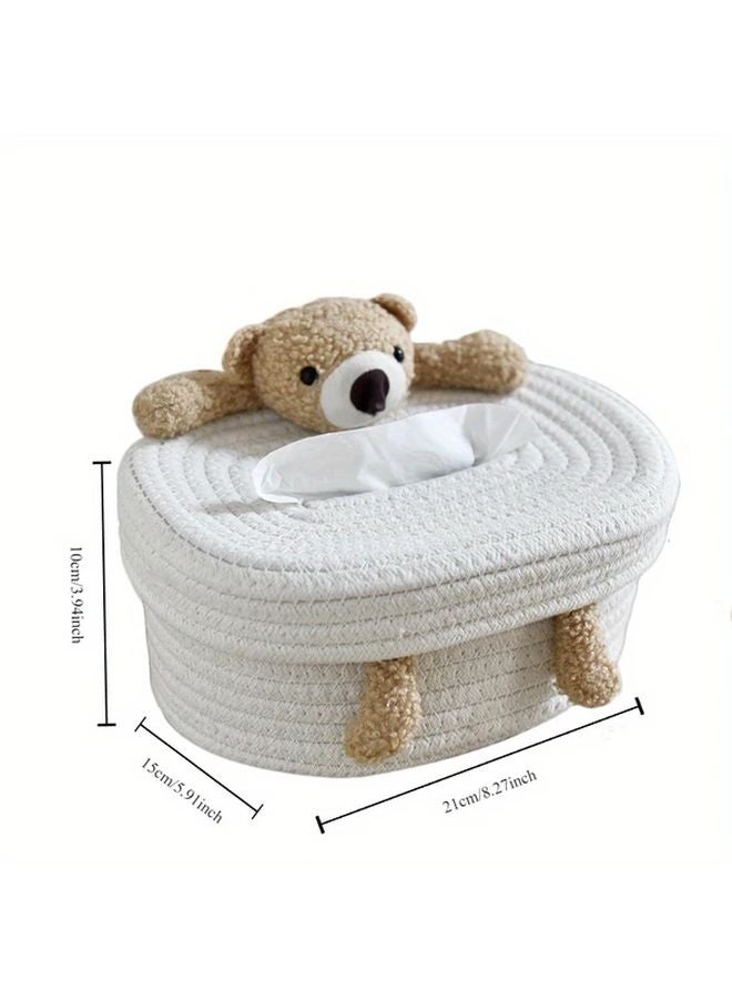 Little Brown Bear Cartoon Paper Towel Holder Creative Woven Basket With Lid Decorative Storage - Image 4