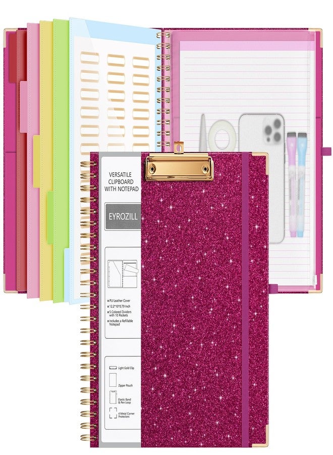EYROZILL Clipboard Folio with Storage Pocket Organizer Folder Refillable Lined Notepad Spiral Clipboards, Rose red - Image 1