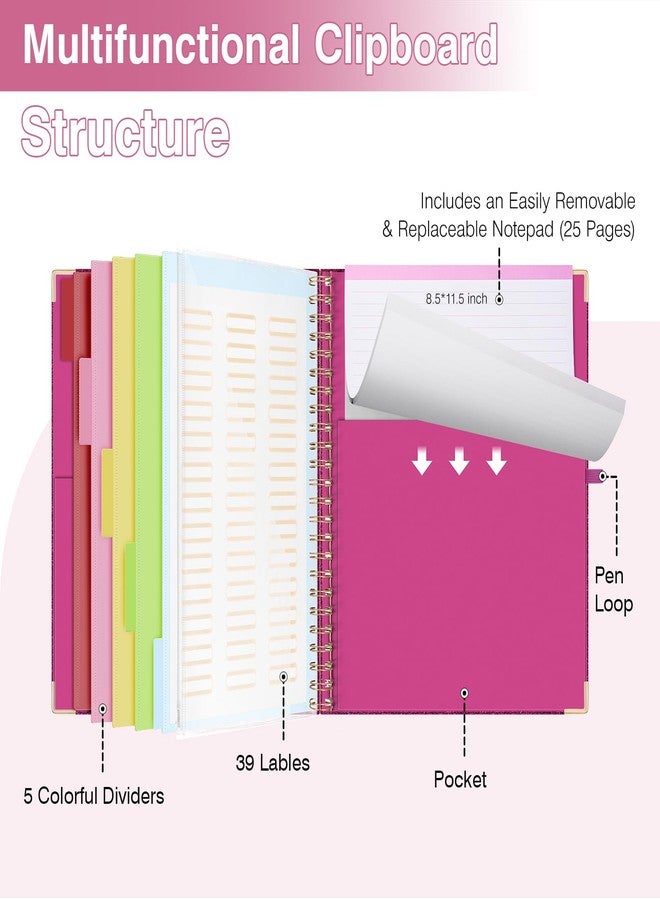 EYROZILL Clipboard Folio with Storage Pocket Organizer Folder Refillable Lined Notepad Spiral Clipboards, Rose red - Image 3