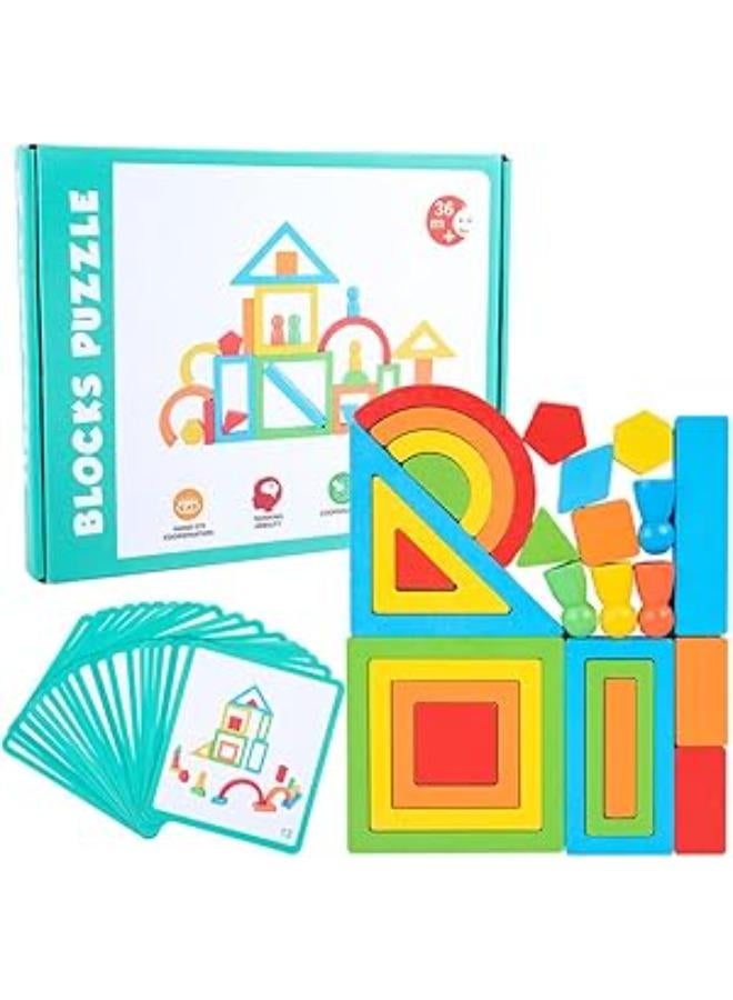 26 Pieces Building Blocks with 18 Pcs Guide Cards, Geometric Building Blocks, Wooden Puzzle Blocks Early Learning for Infant